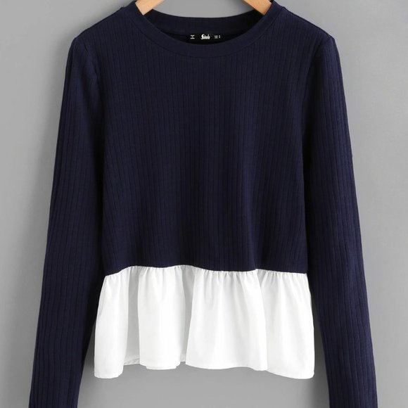 Contrast Ruffle Hem Rib Knit T-shirt NWOT - Picture 1 of 4